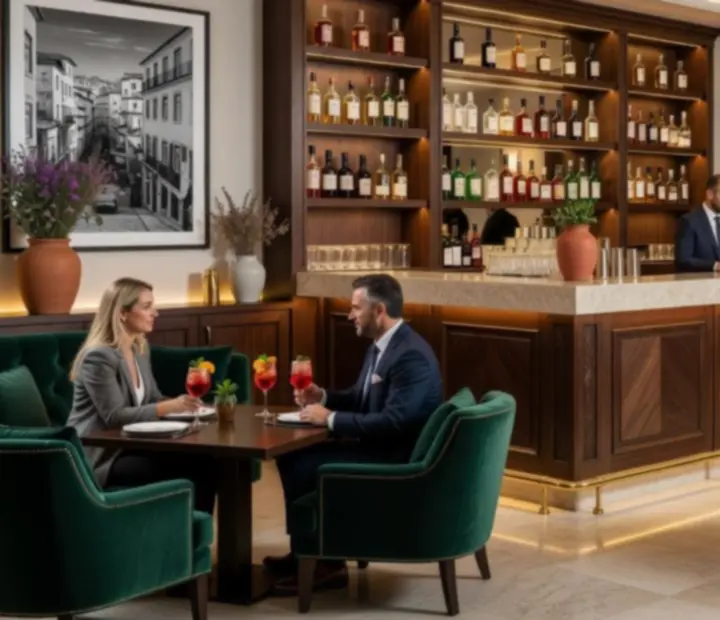 Interior de bar elegante com iluminação ténue na Tasca Enaipes