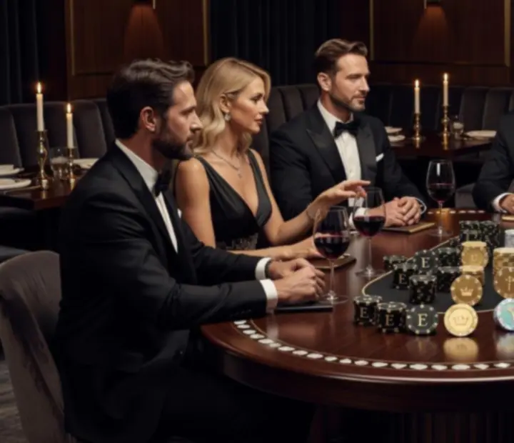 Mesa de poker elegante com convidados em ambiente de restaurante de luxo