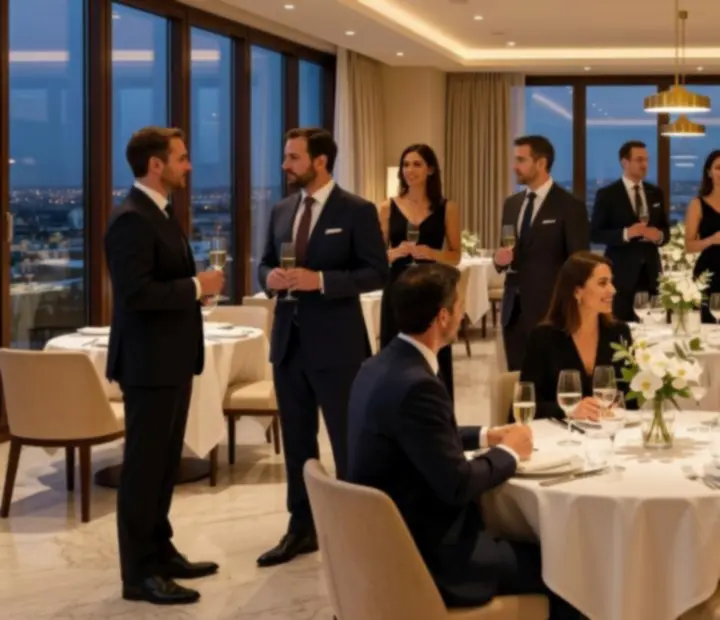 Evento corporativo elegante com convidados sentados em mesas longas num restaurante de luxo.