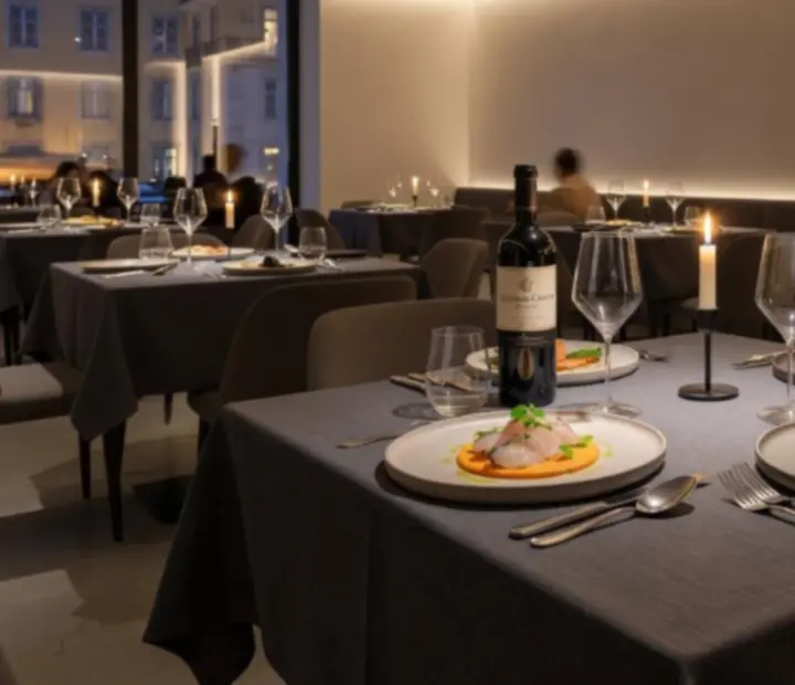 Mesa de jantar sofisticada com pratos de autor e copos de vinho num ambiente de luxo.