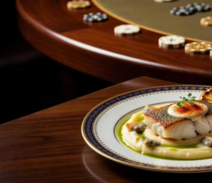 Pratos de autor e copos de vinho junto a uma mesa de poker preparada