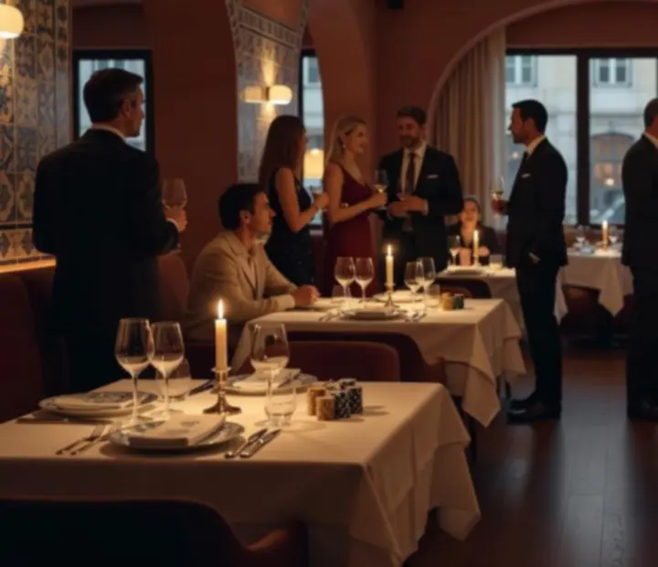 Mesa posta com pratos de gastronomia portuguesa contemporânea e um conjunto de cartas e fichas de poker simbólicas, num ambiente de restaurante de luxo.
