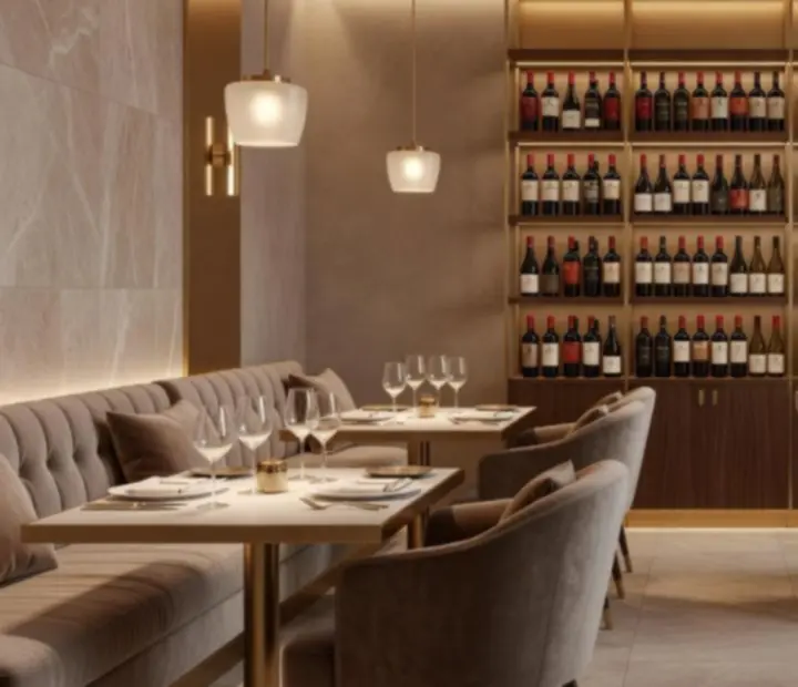 Interior elegante de restaurante de luxo em Portugal, com iluminação suave, mesas com toalhas brancas e detalhes em dourado.