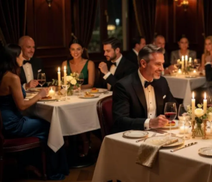 Jantar elegante à luz de velas em ambiente sofisticado de restaurante.