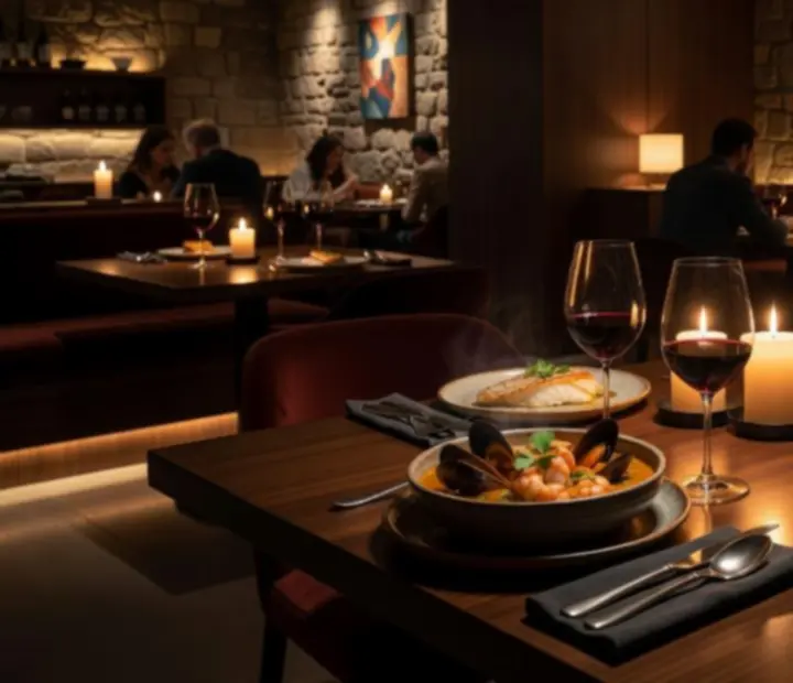 Sala de restaurante iluminada por velas, com mesa posta de forma elegante.