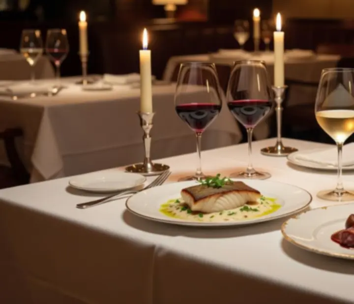 Jantar vínico com mesa decorada, copos de vinho alinhados e pratos contemporâneos.
