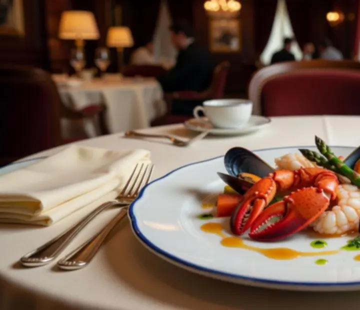 Prato de peixe e marisco com apresentação contemporânea em prato de porcelana.