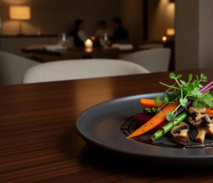 Prato vegetariano gourmet com legumes orgânicos e apresentação artística.