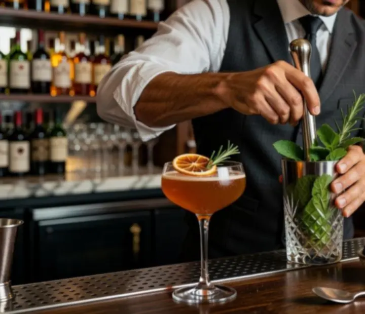 Mixologista a preparar um cocktail de autor na Tasca Enaipes