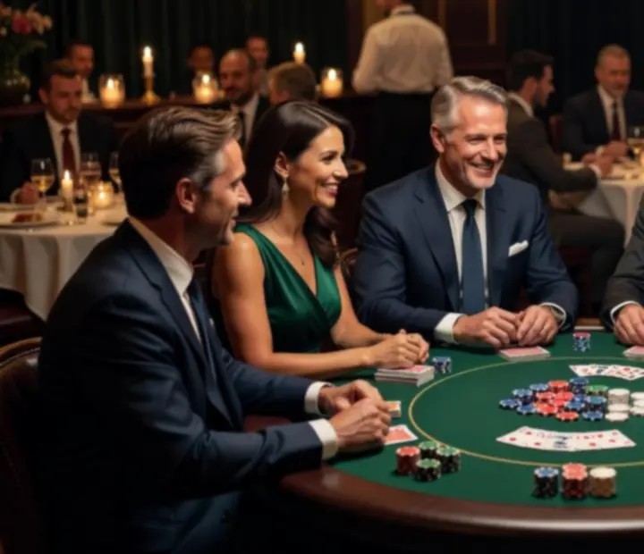 Mesa de poker elegante com fichas simbólicas em ambiente de restaurante de luxo.