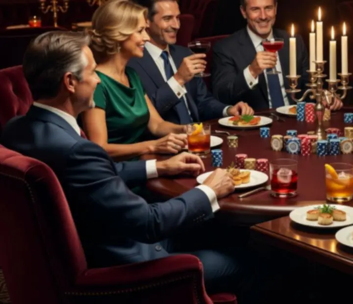 Mesa de poker elegante com fichas simbólicas, cartas e copos de vinho, num ambiente de restaurante sofisticado.
