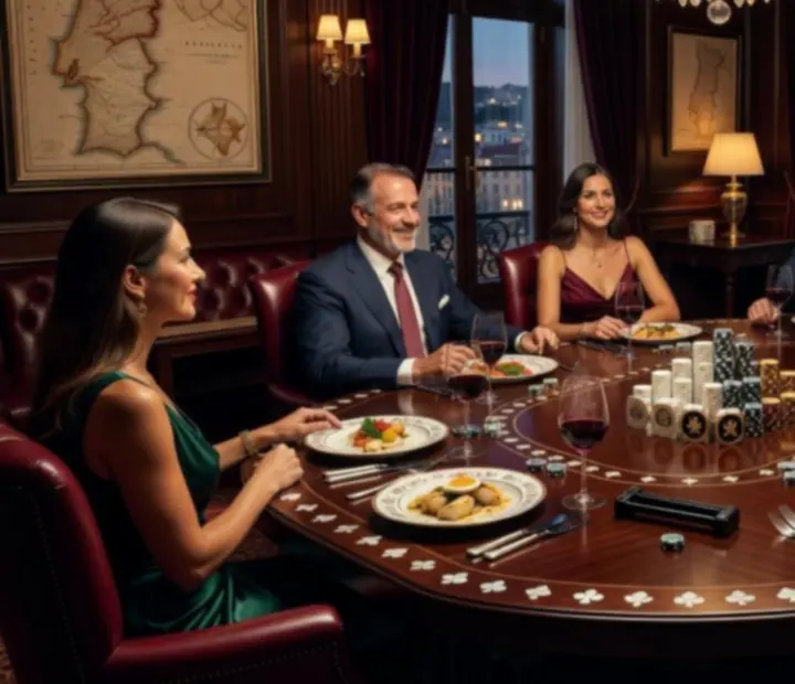 Mesa de poker preparada numa sala privada elegante, com fichas e cartas.