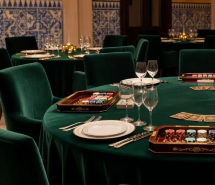 Sala de jantar transformada em sala de poker elegante com iluminação intimista