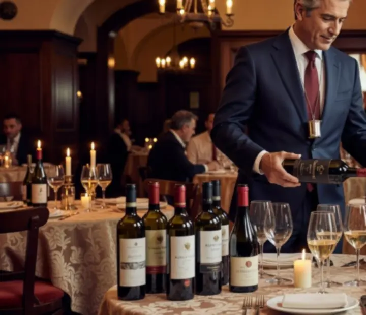 Sommelier a servir vinho num ambiente de restaurante de luxo.